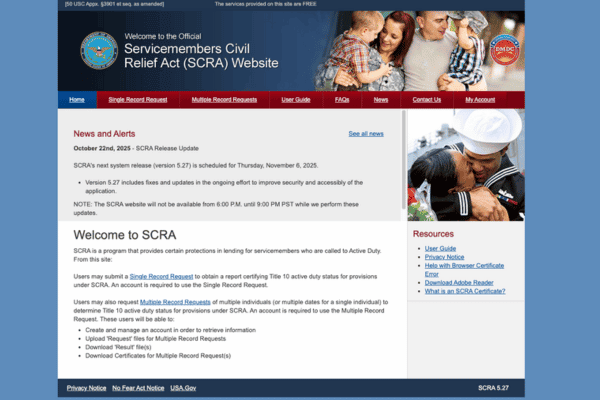 Screenshot of the official SCRA DMDC website used to confirm current active duty status