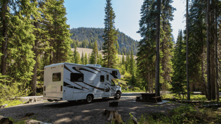 An RV is parked at a campsite surrounded by tall trees and mountains.