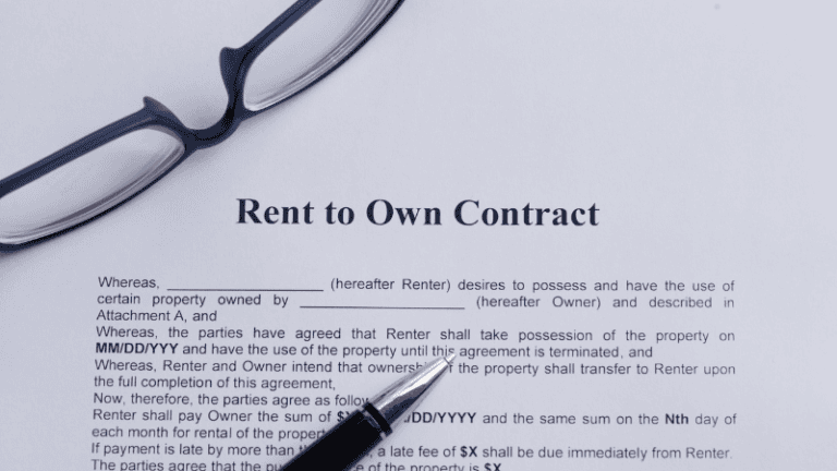 A "Rent to Own Contract" document is shown with blank spaces for renter and owner details, accompanied by a pen and eyeglasses.