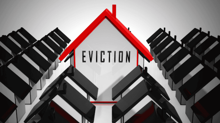 A graphic representation of eviction with a red house surrounded by black houses, emphasizing housing displacement.