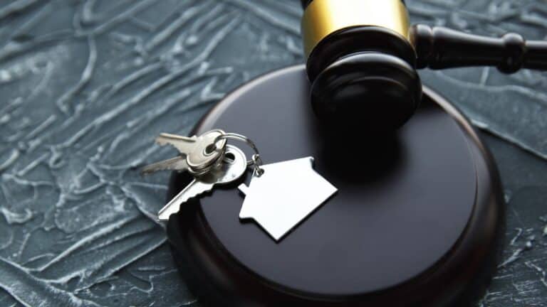 Gavel with house-shaped keychain on textured surface