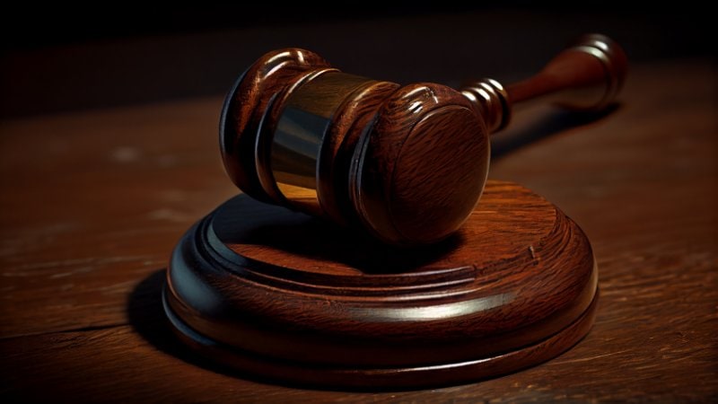 Wooden judge’s gavel resting on dark polished block.