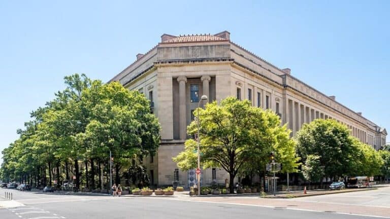 Exterior view of U.S. Department of Justice building.