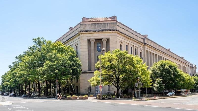 Exterior view of U.S. Department of Justice building.