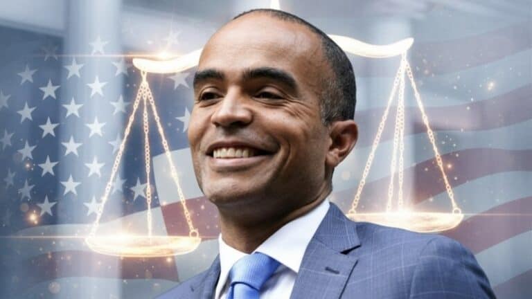 Smiling man in suit with justice scales and US flag.