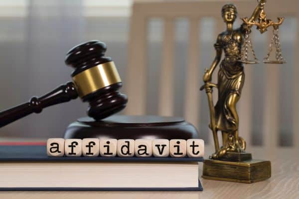 Gavel, legal books, and Lady Justice statue with “affidavit” blocks.