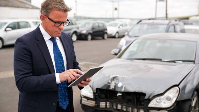 A compliance professional inspecting a damaged car while reviewing ownership records related to an abandoned vehicle with no title.
