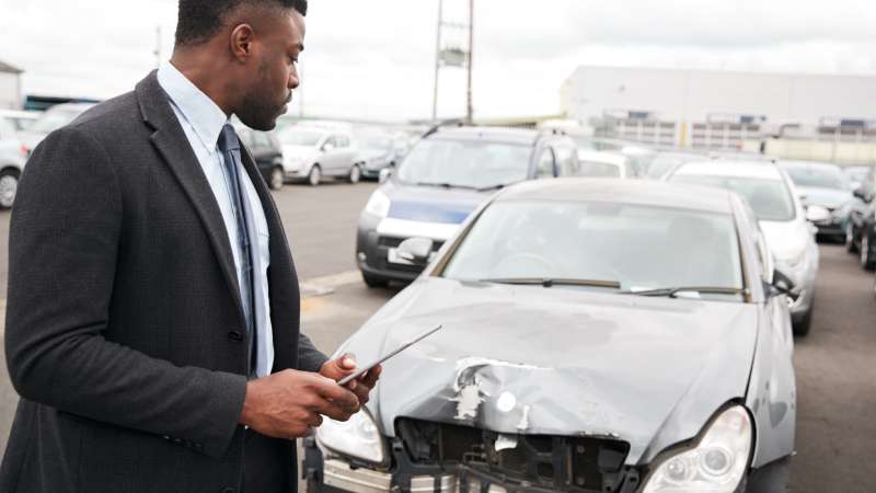 Man inspecting a damaged car with a broken front bumper in a parking lot