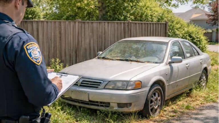 Police Officer Inspecting Abandoned Vehicle On Property In Pennsylvania For Legal Title Process