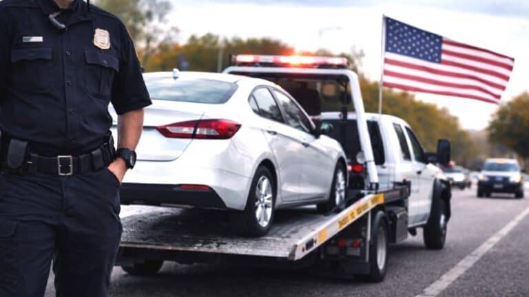 A tow truck transporting a vehicle under law enforcement supervision on a public road