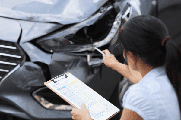 woman inspecting a damaged car